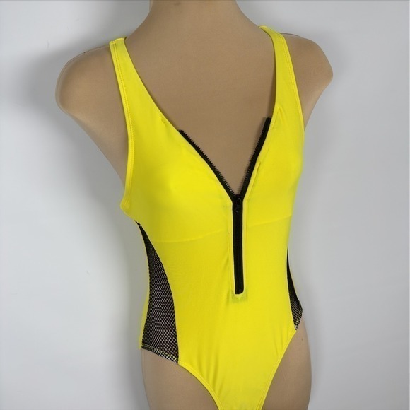 Women's Retro Yellow / Black Mesh Insert Zip Front‎ One Piece Swimsuit - Picture 6 of 7